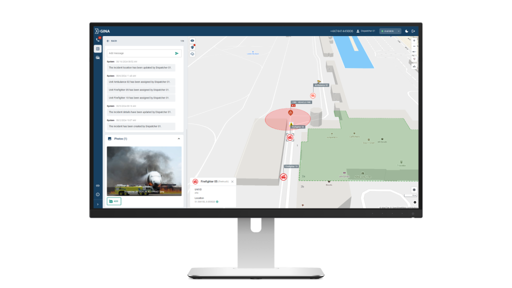 GINA Software Smart CAD interface showing real-time airport emergency preparedness — live unit tracking, dispatcher log, and incident management on an airport map.