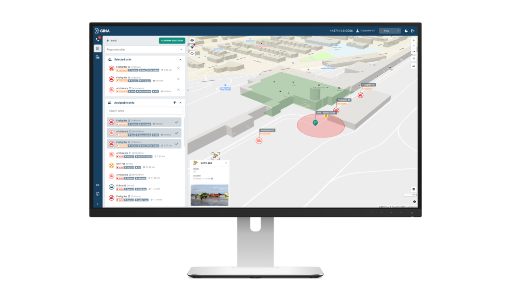 Smart CAD airport operations management software showing live dispatch view with unit assignment, 3D airport map, geofencing zone and integrated CCTV feed during active incident response.