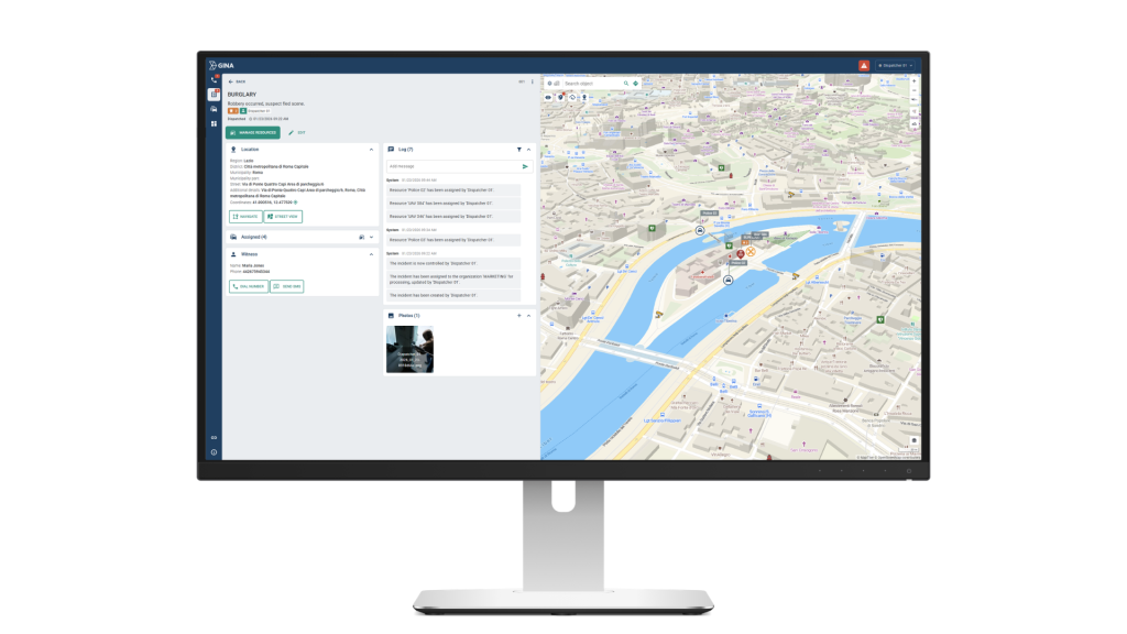Police CAD software in action interface showing a live burglary incident in Rome with real-time unit tracking on a map and automated incident log.