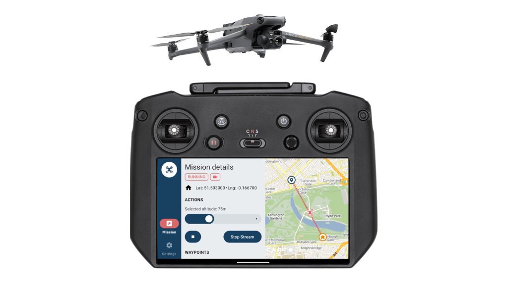 Drone with navigation interface displayed, demonstrating Police CAD software in use for real-time situational awareness.