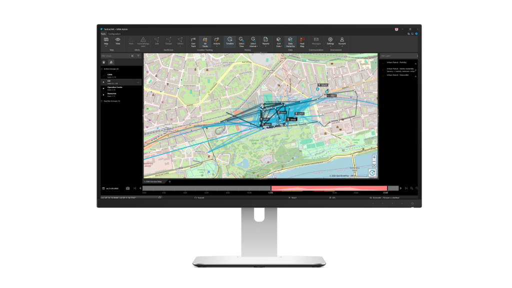 Tactical AVL event safety software interface showing live unit positions during medical coordination at a large public event in Prague.