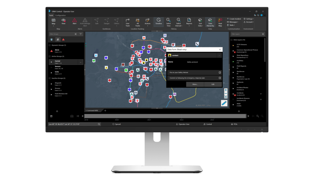 Tactical AVL dashboard used by emergency response NGOs to track field teams in real time